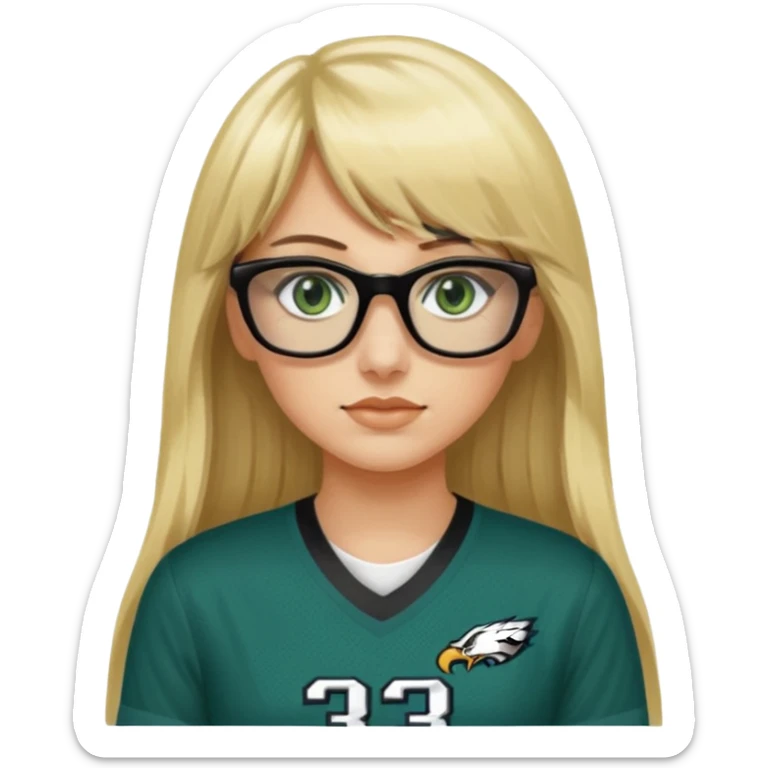 long blonde hair with bangs black rectangle glasses female green eyes football player wearing eagles jersey number 33 sticker