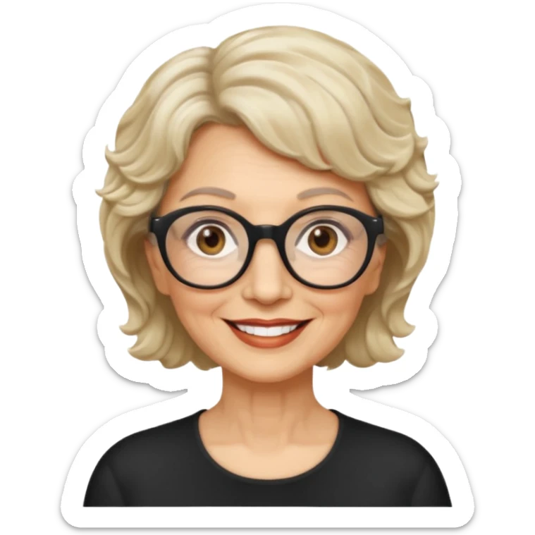 woman 70 years old, short blonde weavy hair, brown eyes and round dark glasses sticker