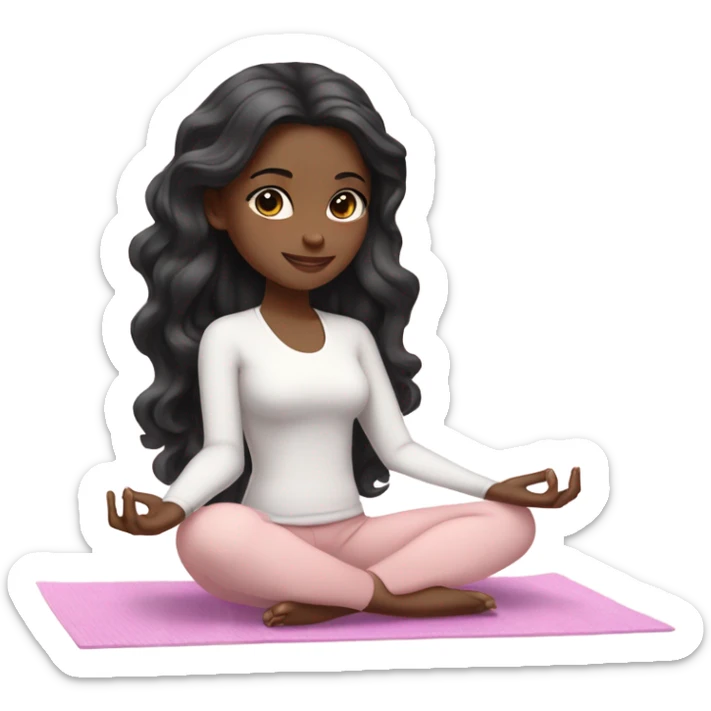 black long wavy hair and brown eyes with white skin yoga girl in light pink clothes sitting on a yoga mat  sticker