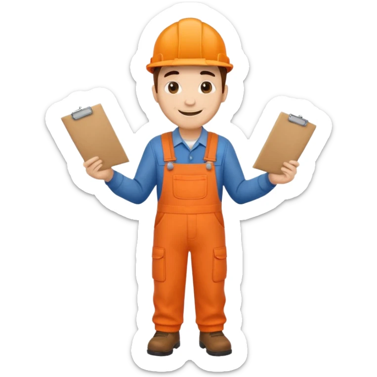 railway engineer full body in orange overalls, carrying a piece of paper with both hands in front of him sticker