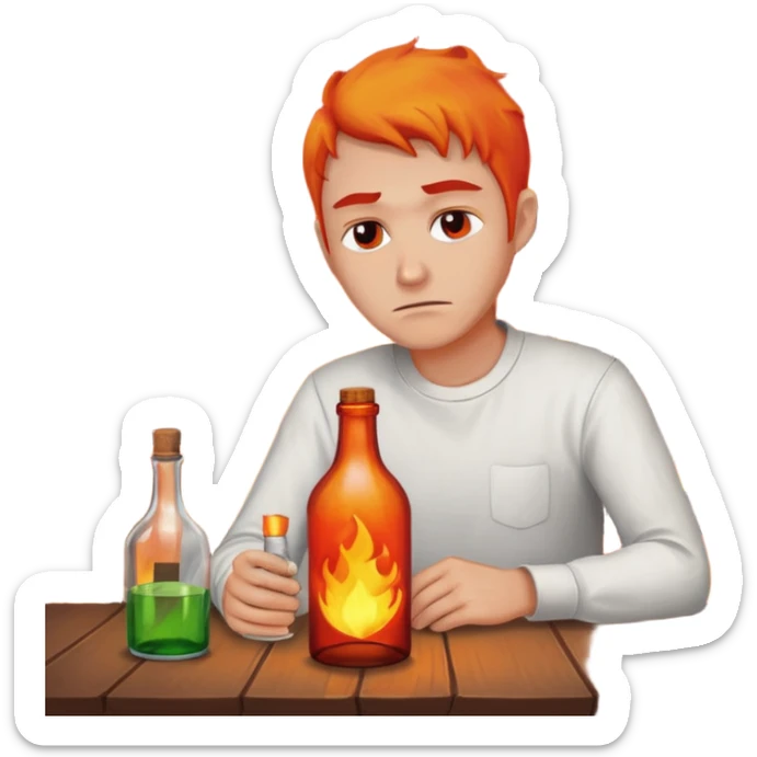 apple style emoji of a sad man at a table with a bottle, burning house in the background sticker