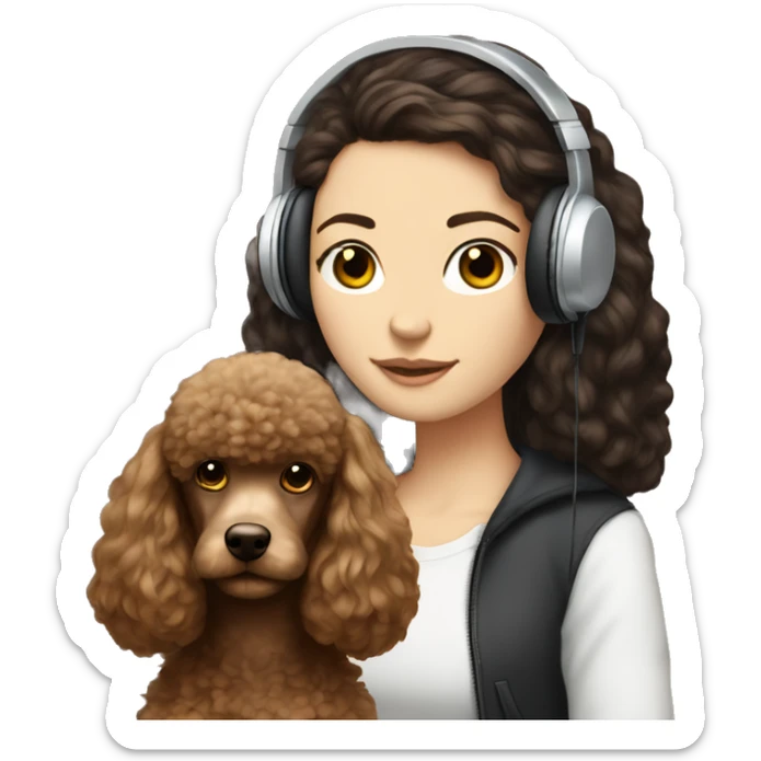 White girl, dark long straight hair in headphones with brown poodle sticker