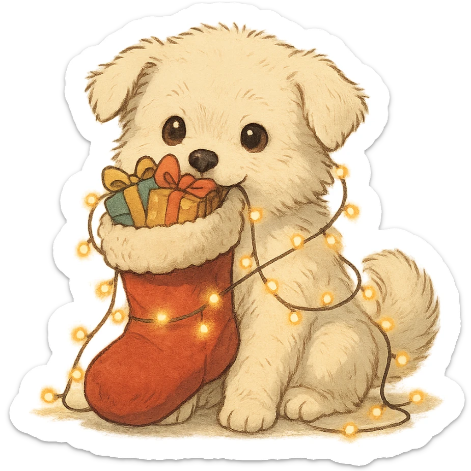 a fluffy white puppy holding a Christmas stocking full of gifts and tangled in fairy lights, Ghibli style sticker