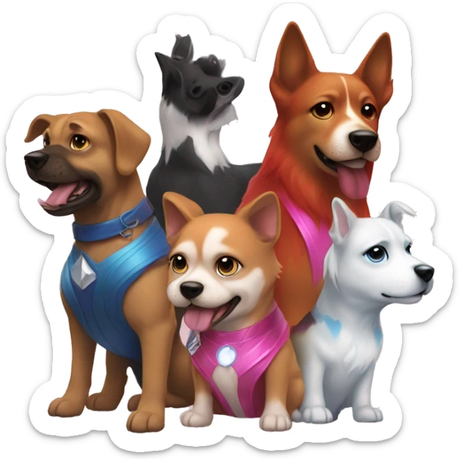 create 3 dogs one is blue and white, pink and orange, and rainbow and the owner is the scarlet witch sticker