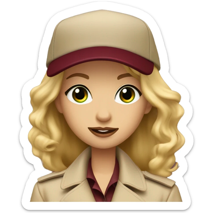 Blonde girl green eyes wearing beige trench coat and burgundy baseball cap written Paris on it  sticker