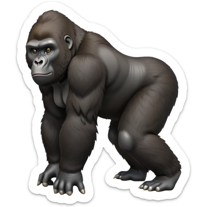cinematic-gorilla-realistic-full-body-on all fours-emoji,-exuding-strength,-thick-dark-fur-in-the-light,-head-tilted-dramatically,-deep-dark-eyes-filled-with-intense-intelligence,-simplified-yet-realistic-focused-features,-highly-detailed,-glowing-with-an-almost-sarcastic-glow sticker