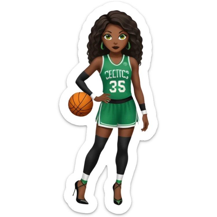 A 45-year-old black woman with long black brown baylaige hair dressed in sexy 
celtics jersey costume outfit and stilettos  sticker