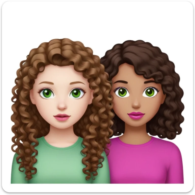 A girl with curly light Brown long hair with pale skin and pinks lips with green eyes. Next tò her there's a girl with long dark Brown hair with tan skin, Brown eyes and dark Pink lips. They both have a White top.  sticker