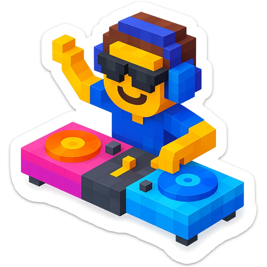 DJ mixing records with glowing turntables and a dynamic pose sticker