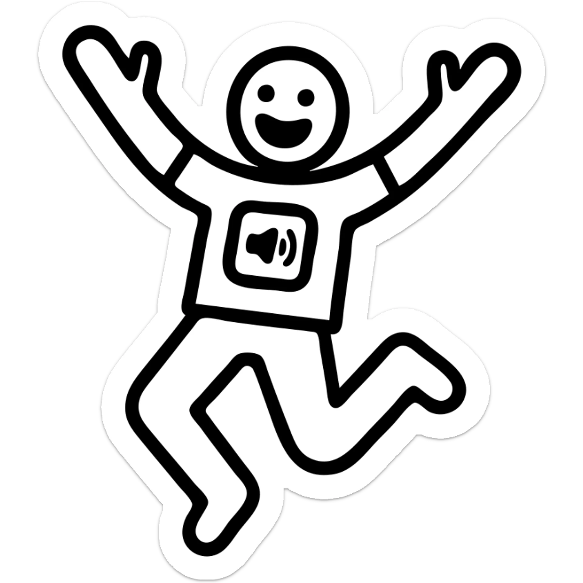 person wearing an audio app t-shirt, jumping and waving arms, exaggerated fanatical expression, black and white outline style sticker