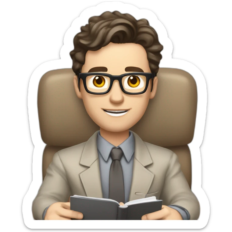 Pale skinned Fit Man With dark brown hair in gray jacket, beige office shirt and ring glasses sitting In a soft chair with a notebook with emblem Ψ and a pen in his hands sticker