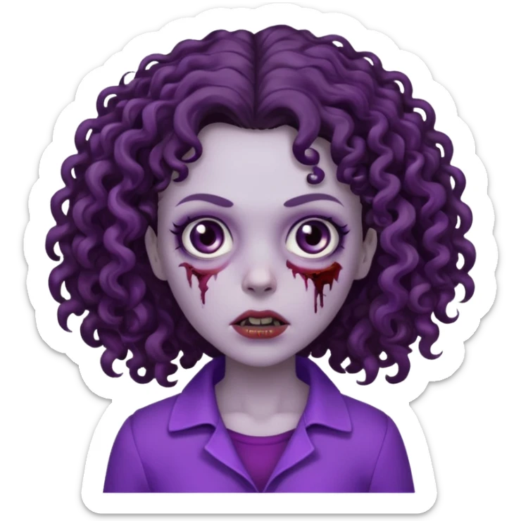 Zombie woman with curly, dark brown hair, purple outfit, and short, flat hair.  sticker