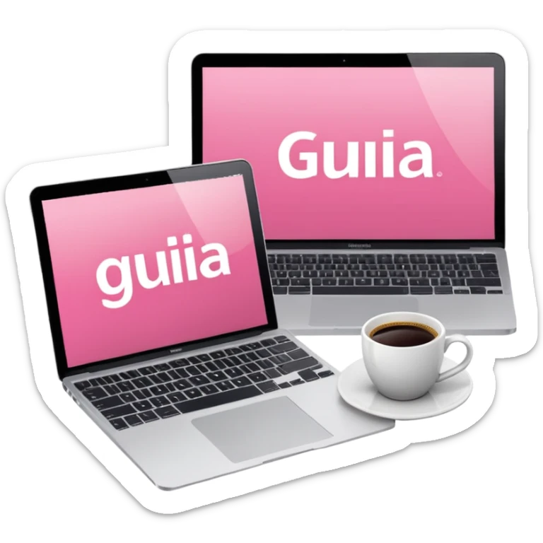 pink magazine with the title 'Guia Pulse' on the cover, next to a coffee cup and a MacBook sticker
