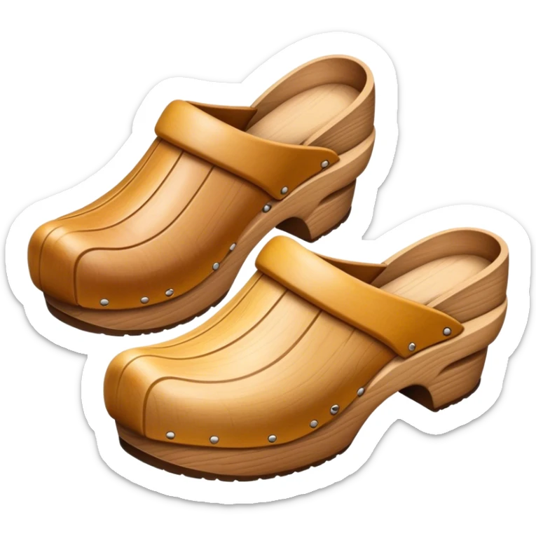 Cinematic Realistic Wooden Clogs Emoji, depicting the classic handcrafted footwear with a smooth, curved design and sturdy wooden soles, rendered with rich textures and warm, natural lighting. sticker