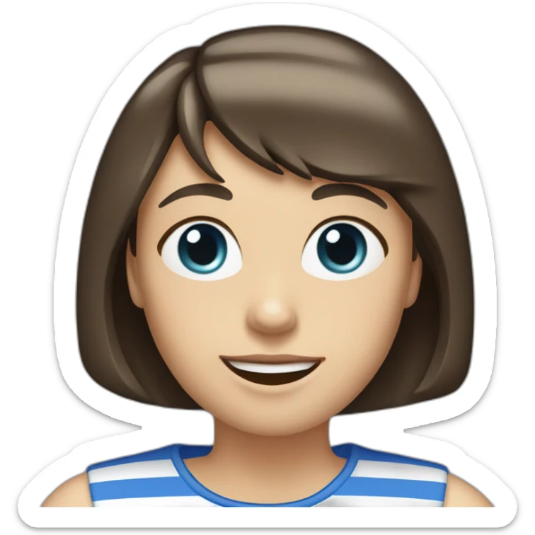 caucasian woman with dark brown hair a bob haircut, bangs, braces on teeth, blue and white striped t shirt sticker