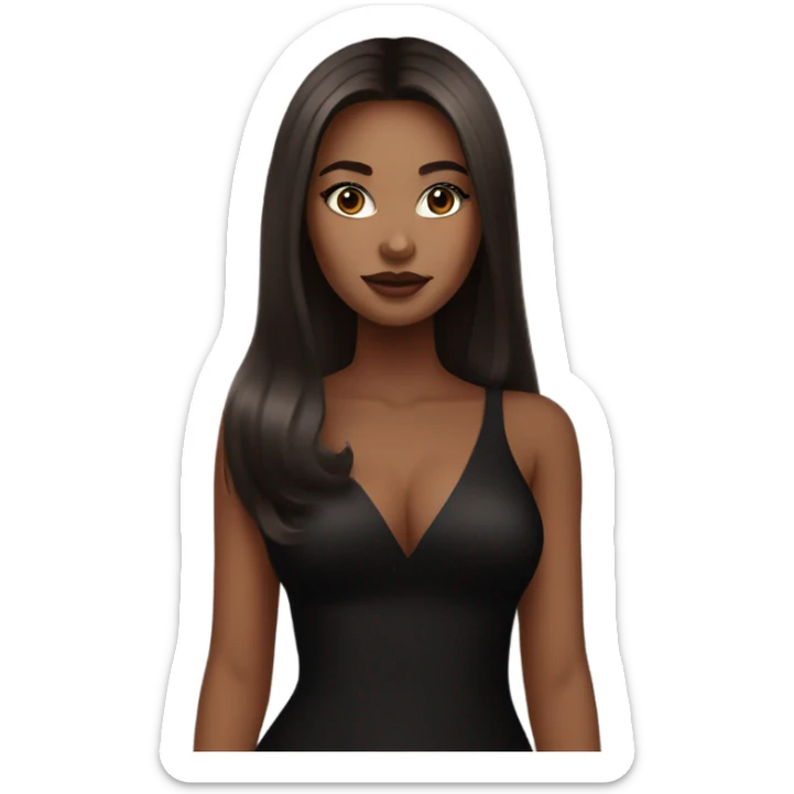 Light Girl wearing long black bodycon dress with lashes and makeup on and long straight brown silky hair and wearing black heels sticker