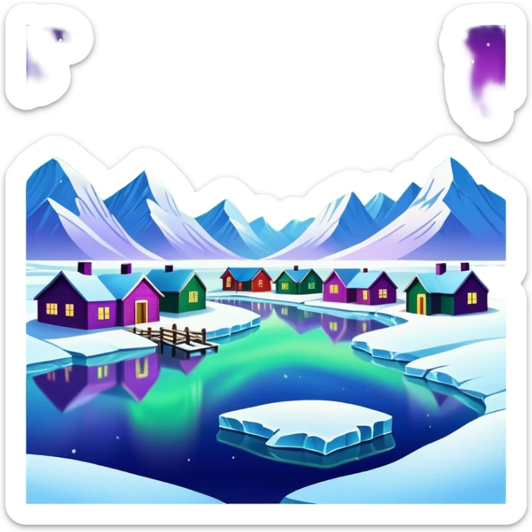 Mohe Arctic Village northernmost point of China with aurora borealis, simplified emoji style with bold outlines and bright colors, cartoon style village with northern lights sticker