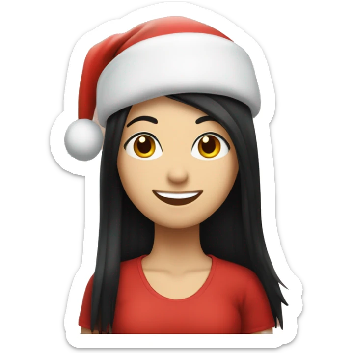smiling white girl with long straight black hair wearing a Christmas hat  sticker