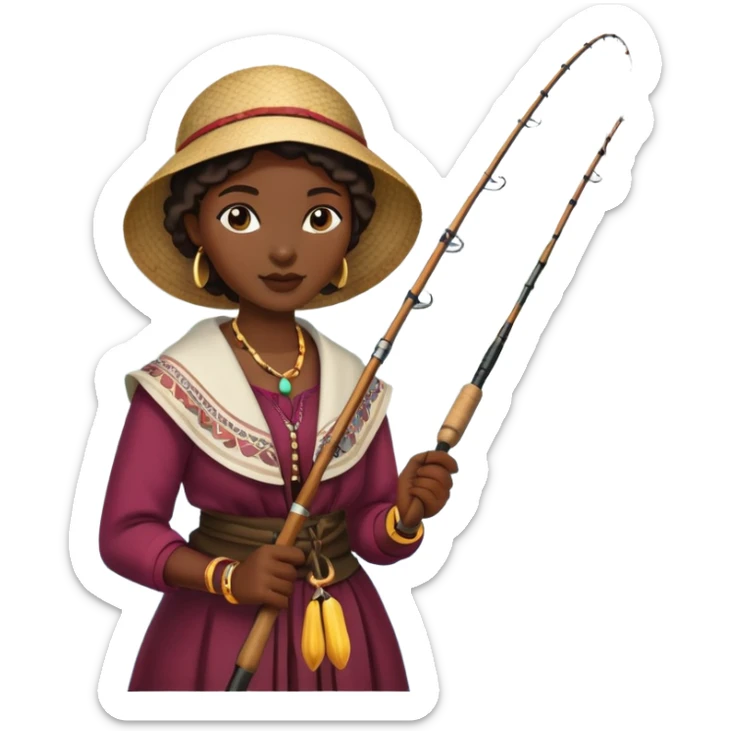 African woman fishing in the river, traditional clothing, holding fishing rod sticker