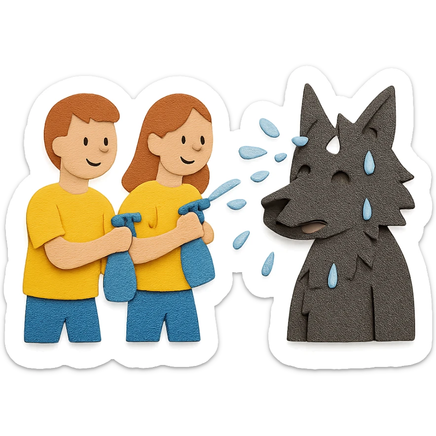 people in yellow shirts spraying water on an anthro black wolf in paper craft style sticker