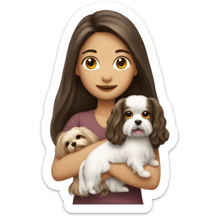 Brunette girl long hair holding a Maltese dog sticker