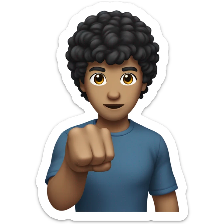 man with short curly black hair with bangs, white skin type, left hand in a fist, right hand covers left hand  sticker