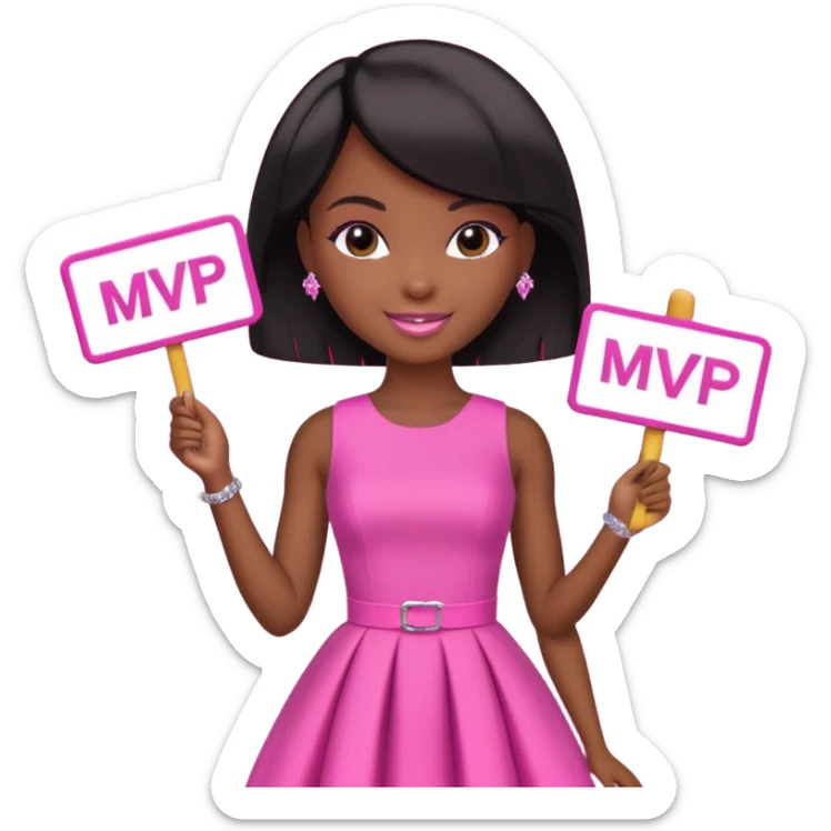 Black barbie, short  black bob  hair, pink dress with a sign that says mvp sticker