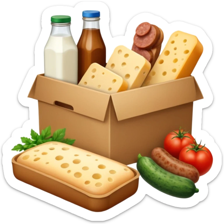 a box of groceries, sausage, cheese, canned meat, herbs, milk, tomatoes, cucumbers, and a loaf of bread sticker