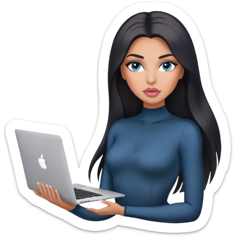 Glamours, tanned, very beautiful girl, with big pump peach-beige-rose lips, long lashes, black straight smooth silky long hair, straight parting hair, blue-grey eyes, inv-neck bodysuit holding MacBook sticker