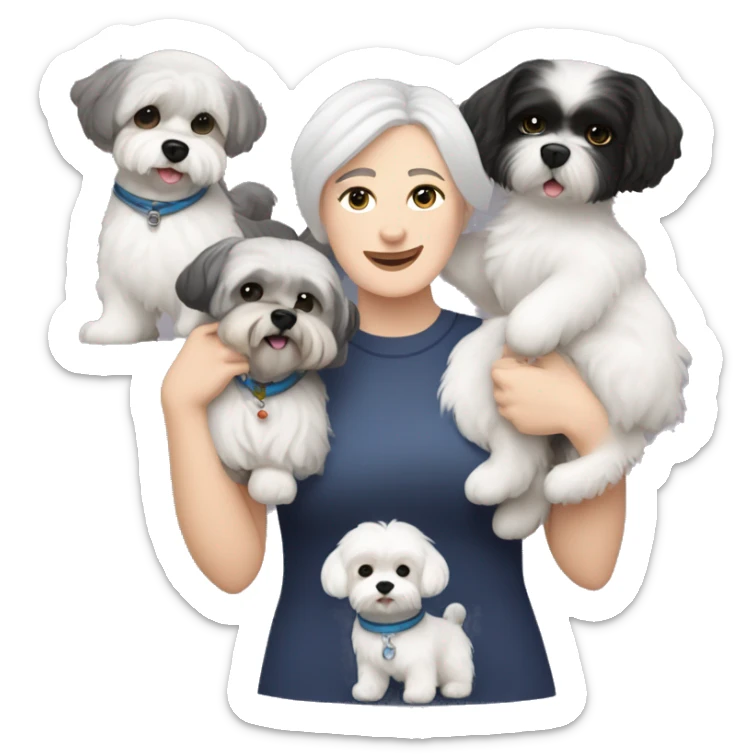 Caucasian women with short grey hair holding two dogs one black shih tzu and one white bichon frise sticker