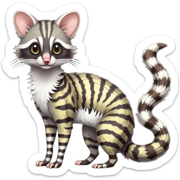 Feral Rare Fantasy shaded detailed colorful Genet-Possum-Trico-Civet-Cacomistle-Margay-species by LiLaiRa,, with white stripes with dark-blackish points, white belly, random markings, tufted tail, tufted ears, full body sticker