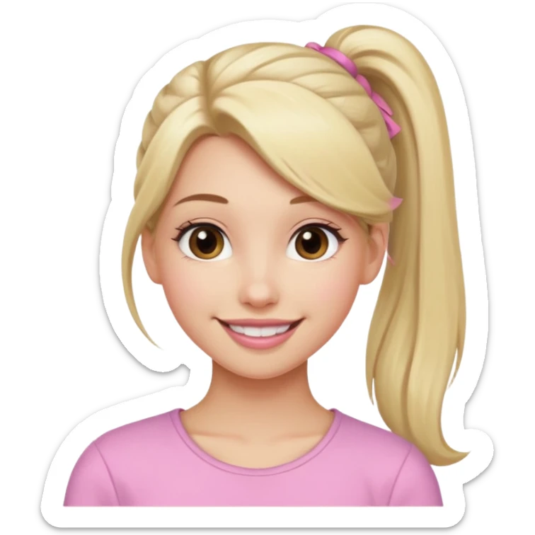 a cute woman like a barbie is smiling, her hair is long, blonde and half ponytail, her eyes color are brown and the color of her lip is soft pink sticker