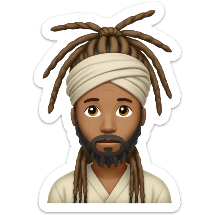 40 year old man with floor length dreads tied on top of his head with a beard sticker