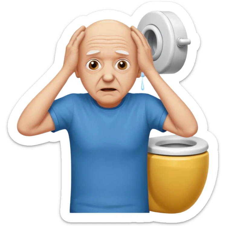 A bald person who’s very old is staring, he’s inside a toilet and his head is upright and looking at the camera with very wide eyes and his hands are putting pressure on his head, very scared expression and he’s twerking sticker