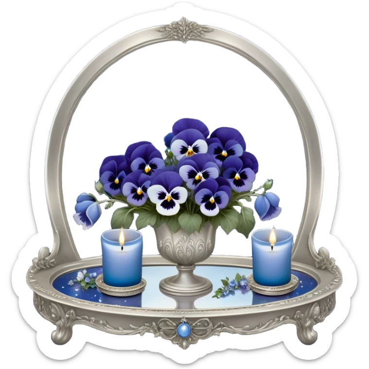 An enchanting nighttime scene where rich blue pansies bloom in a mystical landscape, their petals appearing almost luminous under the soft radiance of a silver crescent moon. A pearl-colored candle, embellished with intricate celestial symbols, sits atop an antique mirror tray, reflecting its warm glow. Wisps of silver mist curl around the flowers, and tiny glowing stars seem to hover just above the ground, adding to the dreamlike atmosphere. In the distance, a faint silhouette of a gothic archway frames the moon, enhancing the scene’s otherworldly beauty. sticker