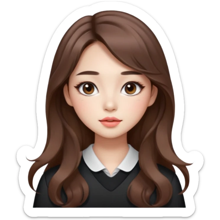 “korean straight brown hair Emoji girl, soft eyeliner and blush, gradient lips, light brown shimmer eyeshadow, long wavy hair,  sticker