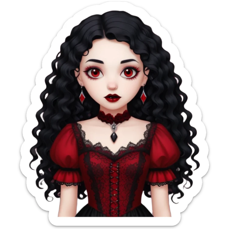 A girl with a red goth vampire look in a blck and red goth lace dress long black curly hair  sticker