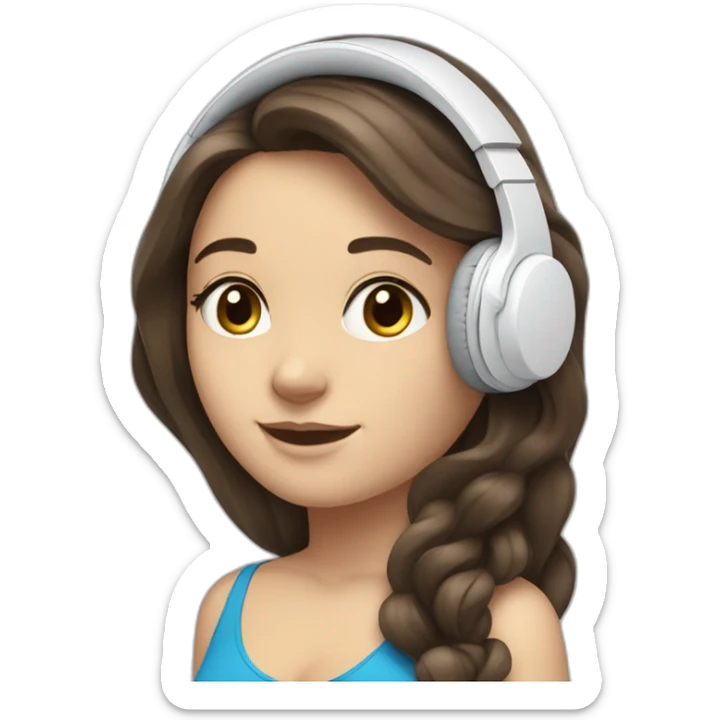 brunette white girl with long hair blue eyes listening to music with her phone in her hand with white wired headphones  sticker