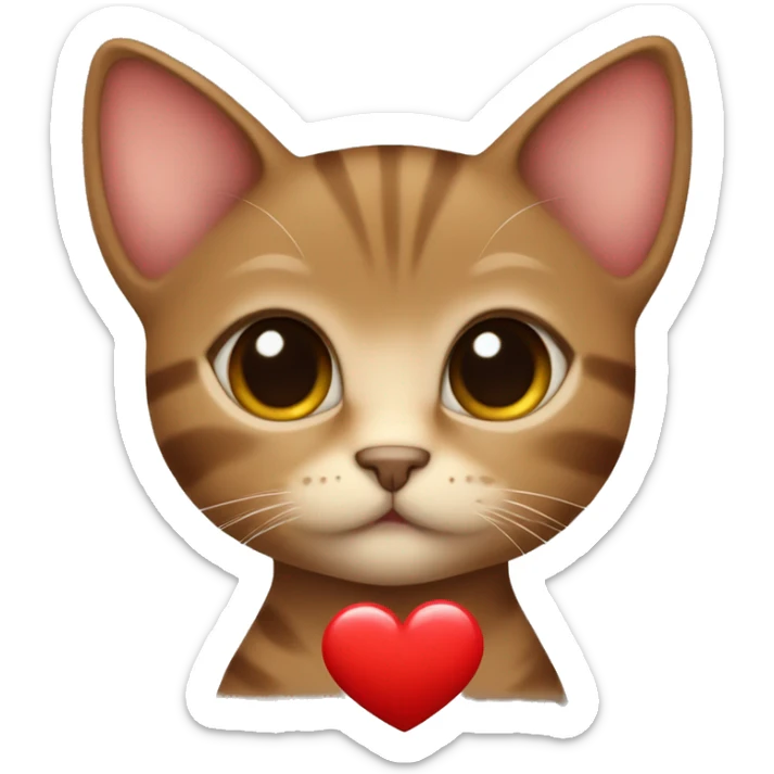 Brown kitten with brown eyes bow around the neck and a little red heart near her sticker