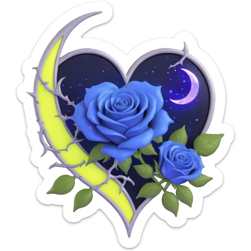 gothic heart made of stormy gray glass, silver crescent moon, navy blue roses, holographic stardust, neon yellow lightning, drenched and splintered glass sticker