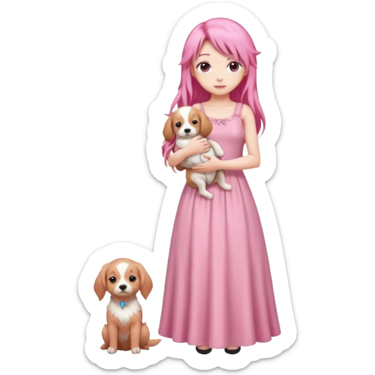 Pastel anime lady long hair pink long dress full body holding puppy sticker