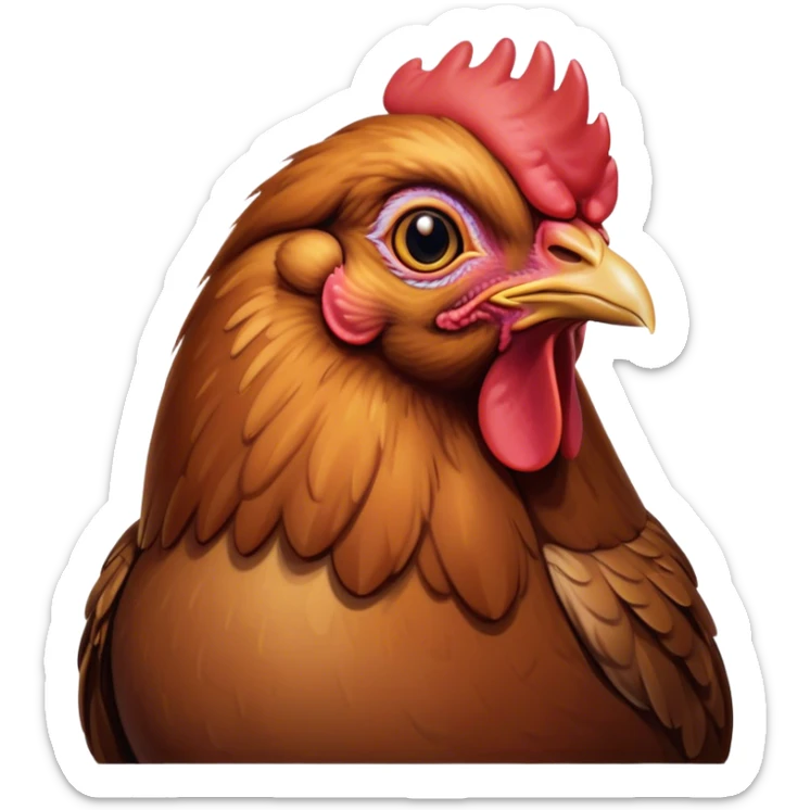 Cinematic Noble Brown Chicken Portrait Emoji, Poised and regal, with a compact, sturdy build and a warm, well-groomed brown plumage, deep-set soulful beady eyes, Simplified yet sharp and sophisticated features, highly detailed, glowing with a soft, dignified glow, high shine, intelligent and earthy, stylized with an air of rustic elegance, focused and attentive, soft glowing outline, capturing the essence of a watchful and confident fowl, so majestic it feels as though it could strut out of the screen with effortless authority! sticker