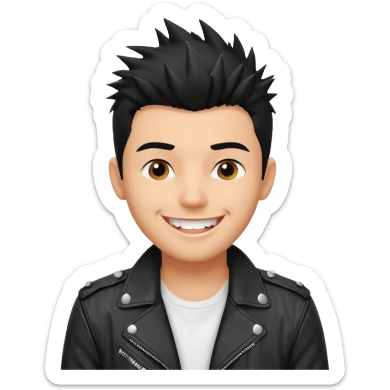emoji of a young gentleman, short spiky black hair, wearing a leather jacket and t-shirt, smiling sticker