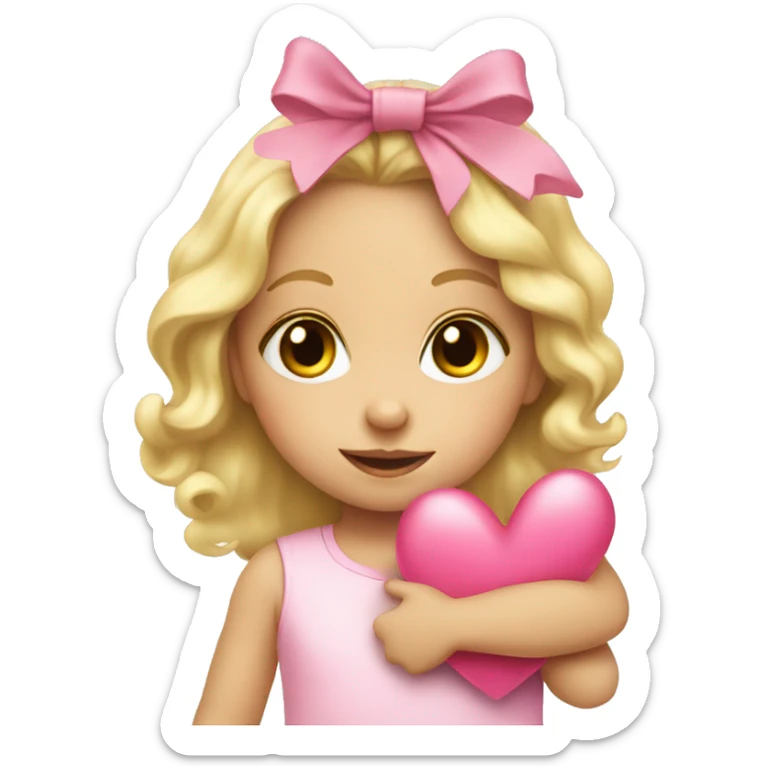 Blonde toddler girl with pink bow holding a heart sticker