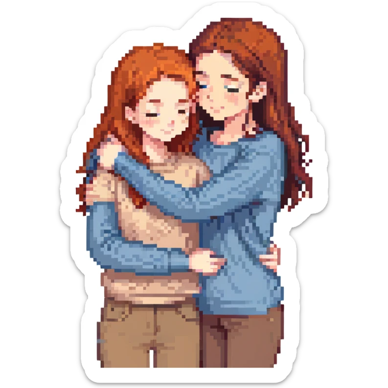 A red-haired girl in a beige blouse hugging a brunette in a blue sweater, cool colors sticker