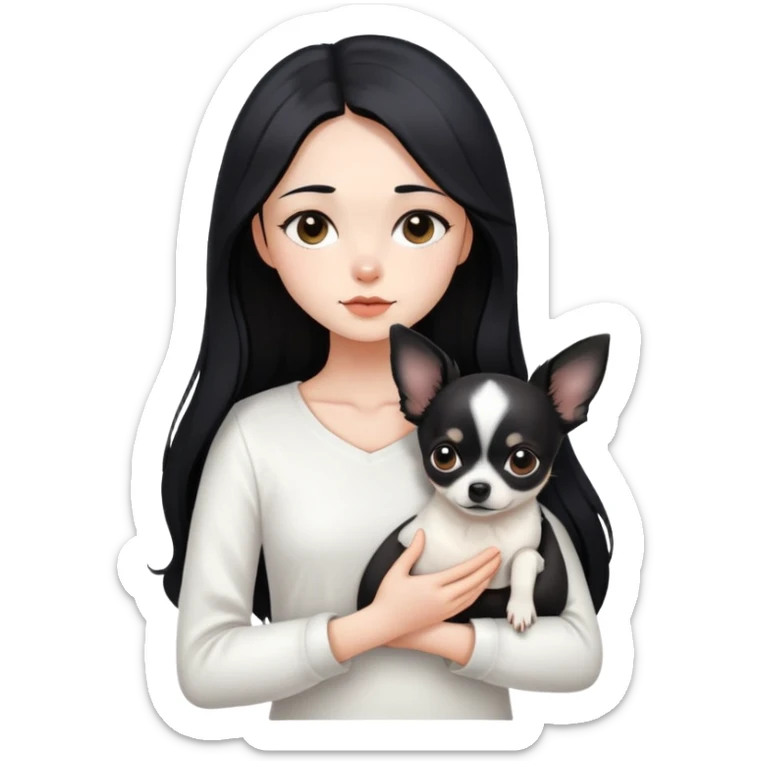 A girl with fair skin, long black hair, white clothes, gently, with her head tilted, holding a black Chihuahua tightly in her hands sticker
