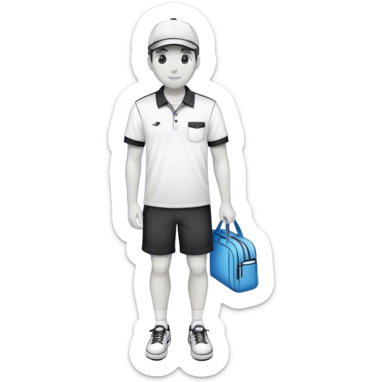 Pool attendant, wearing a cap, polo shirt, shorts, and sneakers, in a simple black and white outline style. No facial features.  sticker