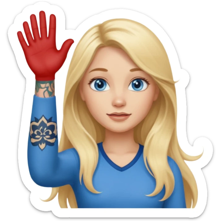 blonde girl with long hair blue eyes waving with tattoos sticker
