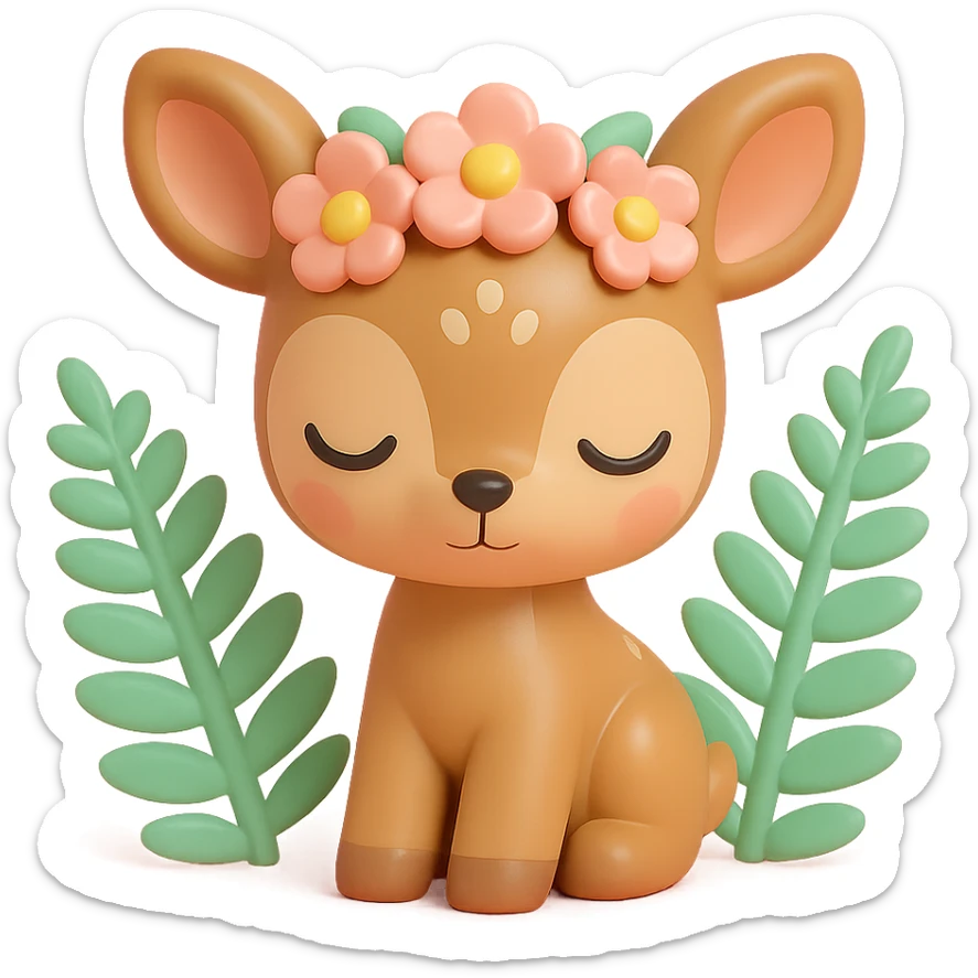 baby deer with a flower crown, surrounded by ferns, vinyl figure style sticker