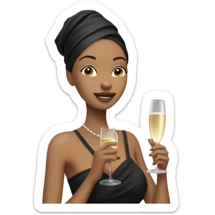 Girl with towel wrapped around her head and body holding a champagne glass in black high heels  sticker